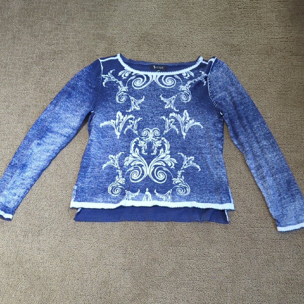 Sister's Stone Washed Look Cotton Women's Blue Sweater with White Floral